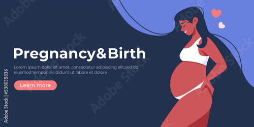 Pregnant woman holds her belly. Healthy pregnancy and motherhood banner, place for text. Happy mother's day poster. Flat cartoon vector illustration. Maternity doctor concept
