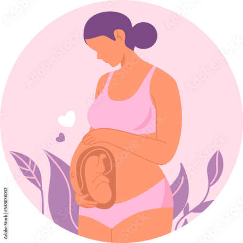 Pregnant woman holds her belly. Happy pregnancy and motherhood banner. Fetus in the womb. Flat cartoon vector illustration. Maternity clinic logo concept. Ultrasound diagnostic, sonogram