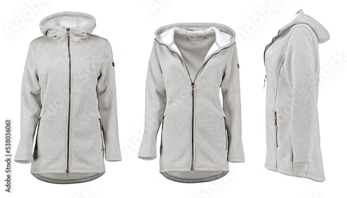 Gray sports hoodie. Front view and side view. Isolated image on a white background. Nobody. 