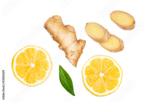Ginger, lemon slices isolated on white background