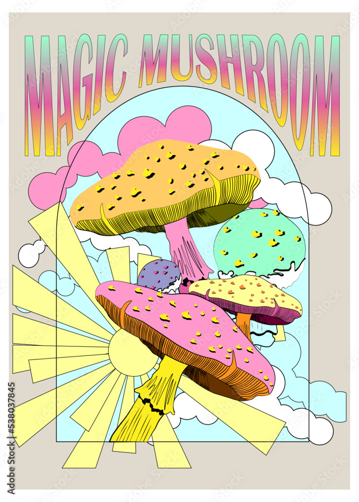 Retro 70's psychedelic hippie mushroom illustration print with groovy slogan for man - woman graphic tee t shirt or sticker poster - Vector Retro 70's psychedelic hippie mushroom illustration print with groovy slogan for man - woman graphic tee t shirt or sticker poster - Vector