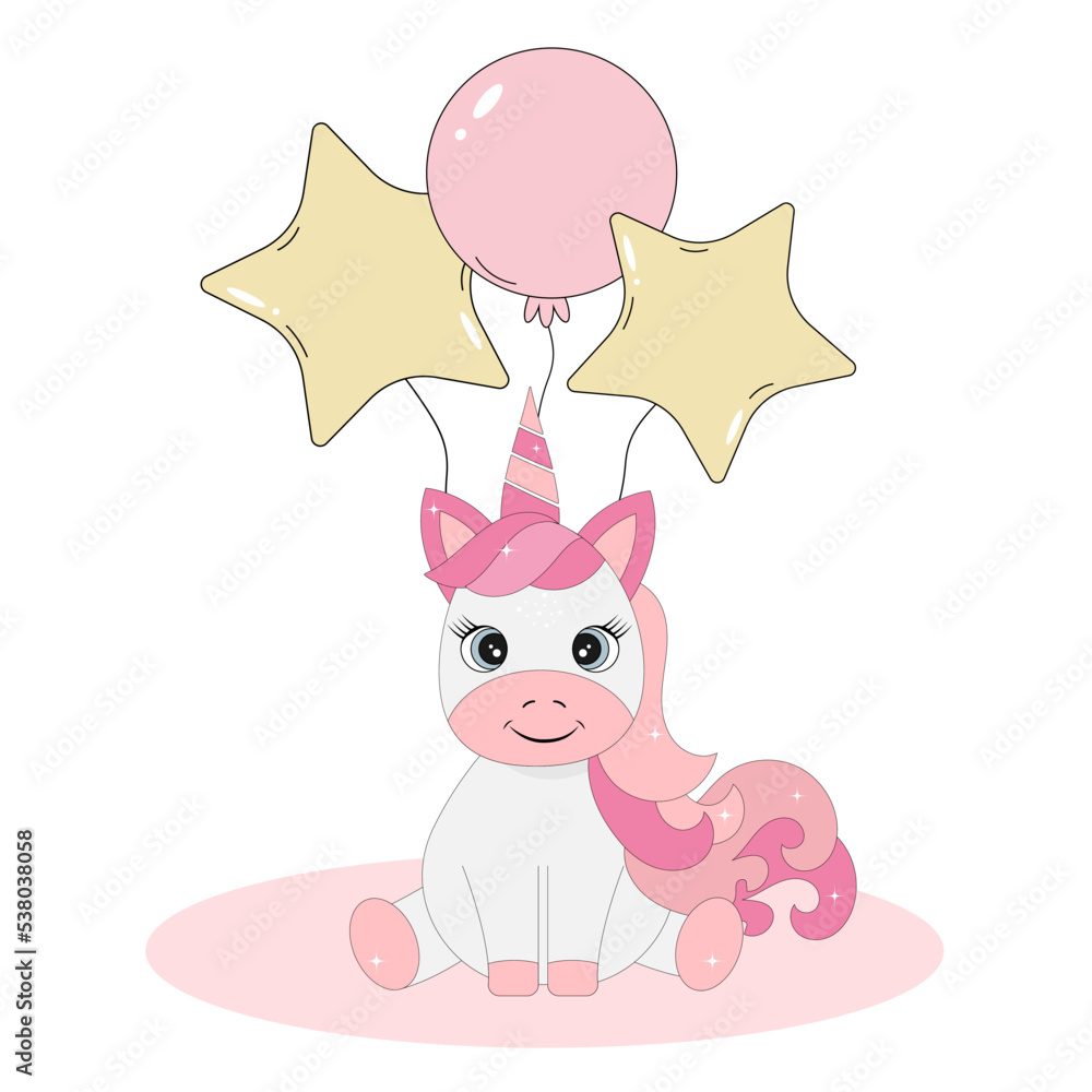 A unicorn child is sitting on a background of balloons. A unicorn child is sitting on a background of balloons.
