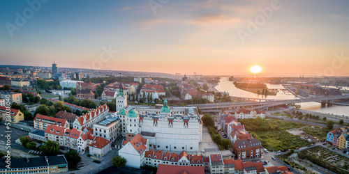 Zamek Książąt Pomorskich in Szczecin aerial panorama at sunrise.
