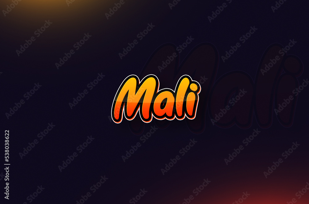 Country Name Mali Typography on Dark Background: Design Illustration in Creative Hand drawn style with Yellow and Orange Gradient. Used for welcoming, touring, or independence day celebration