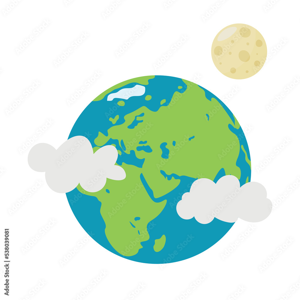 Fototapeta premium Planet Earth and its moon satellite on a white background. Vector illustration in cartoon style for children. Icon of the planet.