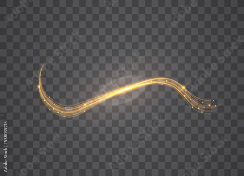 Golden glowing shiny lines effect. Glowing magic fire trace. Magic golden light effect with curve trail. Vector illustration.