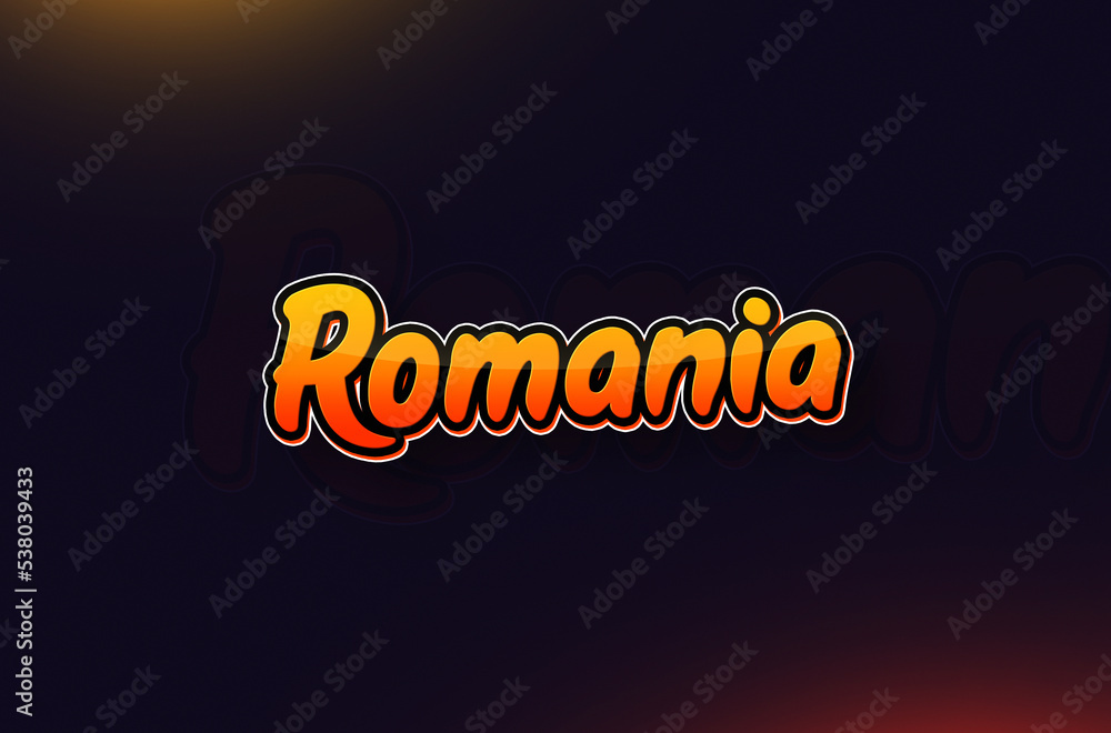 Country Name Romania Typography on Dark Background: Design Illustration in Creative Hand drawn style with Yellow and Orange Gradient. Used for welcoming, touring, or independence day celebration Country Name Romania Typography on Dark Background: Design Illustration in Creative Hand drawn style with Yellow and Orange Gradient. Used for welcoming, touring, or independence day celebration