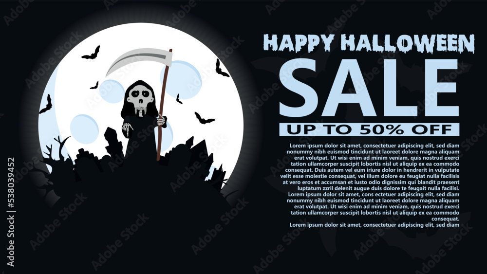 Halloween background flat design vector. Bone Death character. Symbol skull and crossbones against the background of the moon