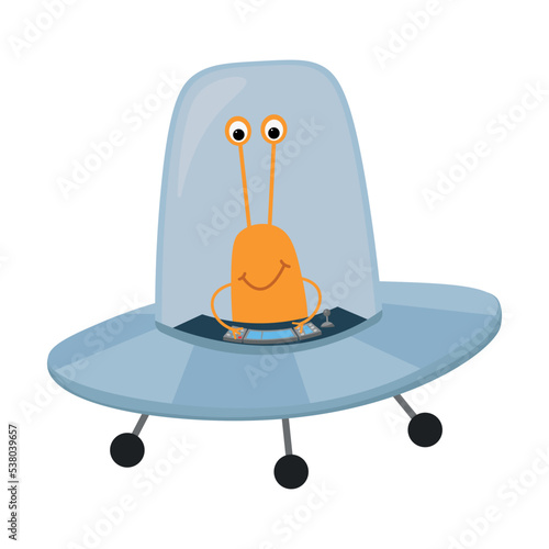 Spaceship with a orange alien on a white background. Solar system on a white background. Vector illustration in cartoon style for children. Icon of the planet.