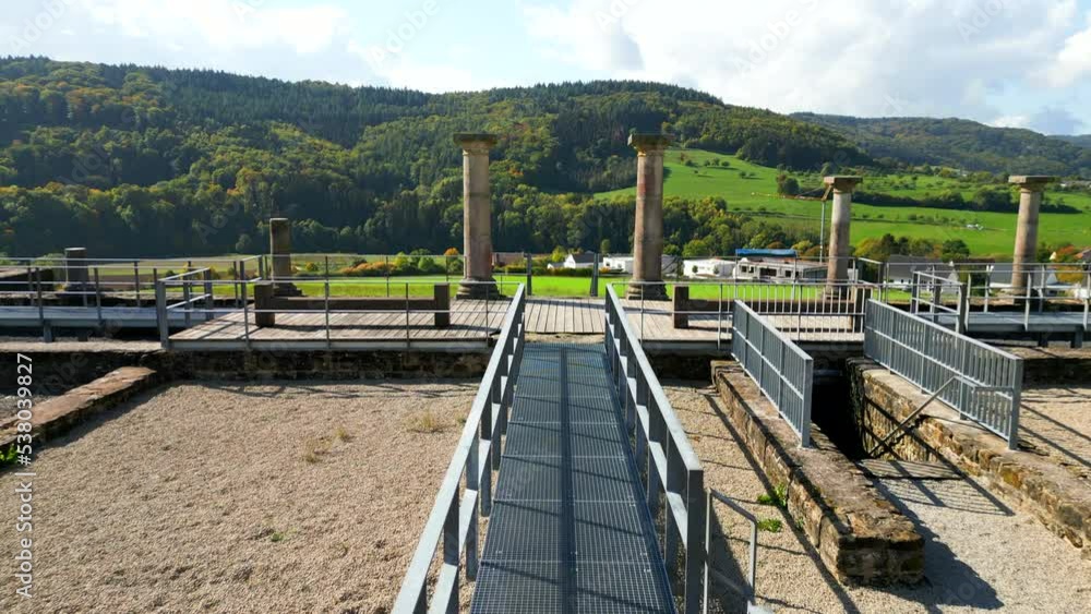 Drone shot passing entrance pillars of a roman villa ruin near Holsthum, Germany Drone shot passing entrance pillars of a roman villa ruin near Holsthum, Germany