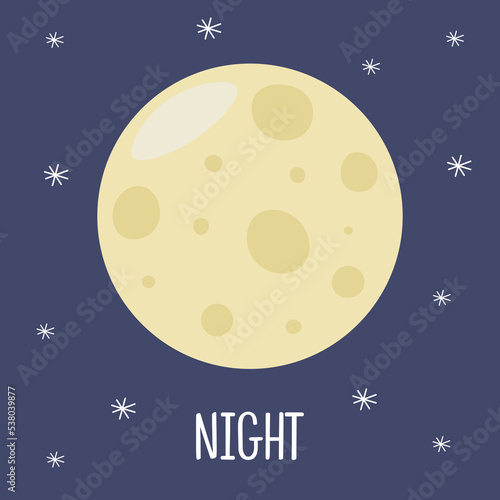 Full moon in the night sky with stars. Solar system. Vector illustration in cartoon style for children.