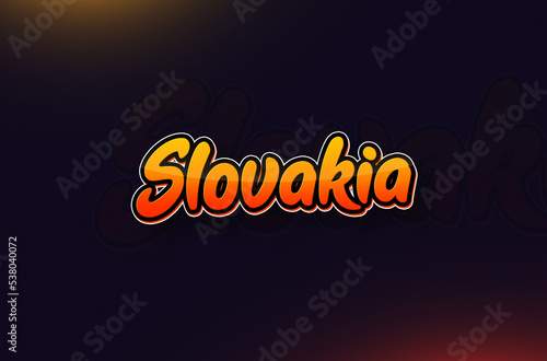 Country Name Slovakia Typography on Dark Background: Design Illustration in Creative Hand drawn style with Yellow and Orange Gradient. Used for welcoming, touring, or independence day celebration