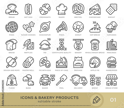 Set of conceptual icons. Vector icons in flat linear style for web sites, applications and other graphic resources. Set from the series - Bakery products. Editable stroke icon.