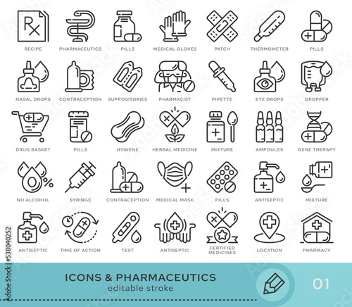 Set of conceptual icons. Vector icons in flat linear style for web sites, applications and other graphic resources. Set from the series - Pharmaceutics. Editable stroke icon.