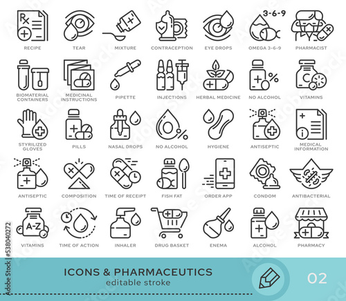 Set of conceptual icons. Vector icons in flat linear style for web sites, applications and other graphic resources. Set from the series - Pharmaceutics. Editable stroke icon.