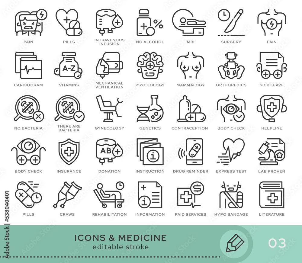 Set of conceptual icons. Vector icons in flat linear style for web sites, applications and other graphic resources. Set from the series - Medicine. Editable stroke icon.