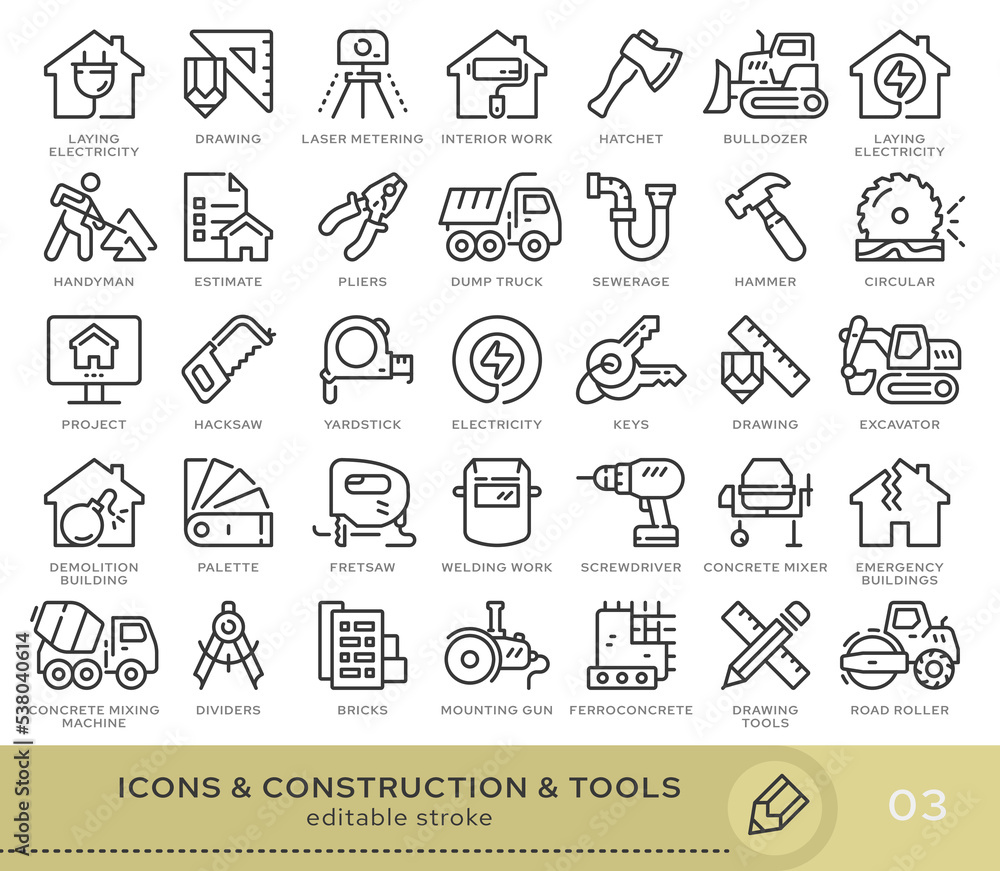 Set of conceptual icons. Vector icons in flat linear style for web sites, applications and other graphic resources. Set from the series - Construction and Tools. Editable stroke icon. Set of conceptual icons. Vector icons in flat linear style for web sites, applications and other graphic resources. Set from the series - Construction and Tools. Editable stroke icon.