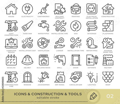 Set of conceptual icons. Vector icons in flat linear style for web sites, applications and other graphic resources. Set from the series - Construction and Tools. Editable stroke icon.