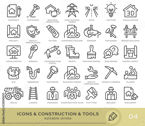 Set of conceptual icons. Vector icons in flat linear style for web sites, applications and other graphic resources. Set from the series - Construction and Tools. Editable stroke icon.