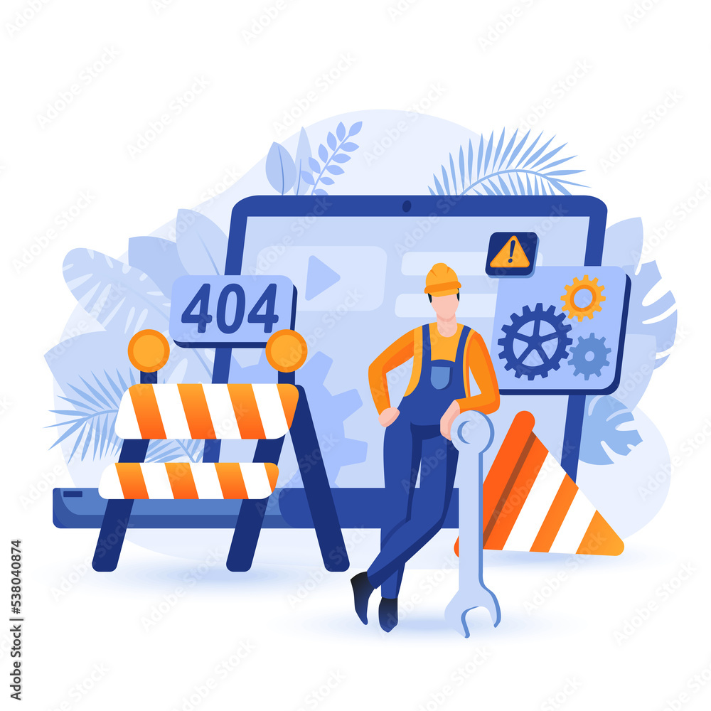 Website under construction scene. Builder stands with huge spanner among safety barriers. Web page unavailable, renovations in progress concept. Illustration of people characters in flat design