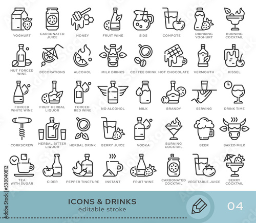 Set of conceptual icons. Vector icons in flat linear style for web sites, applications and other graphic resources. Set from the series - Drinks. Editable stroke icon.
