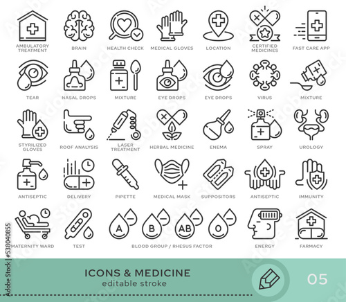 Set of conceptual icons. Vector icons in flat linear style for web sites, applications and other graphic resources. Set from the series - Medicine. Editable stroke icon.