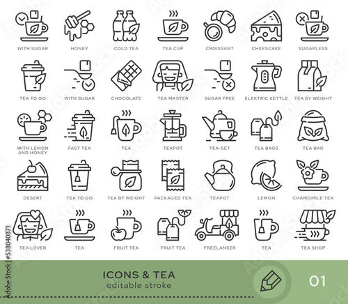 Set of conceptual icons. Vector icons in flat linear style for web sites, applications and other graphic resources. Set from the series - Tea drink. Editable stroke icon.