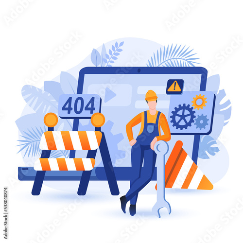 Website under construction scene. Builder stands with huge spanner among safety barriers. Web page unavailable  renovations in progress concept. Illustration of people characters in flat design