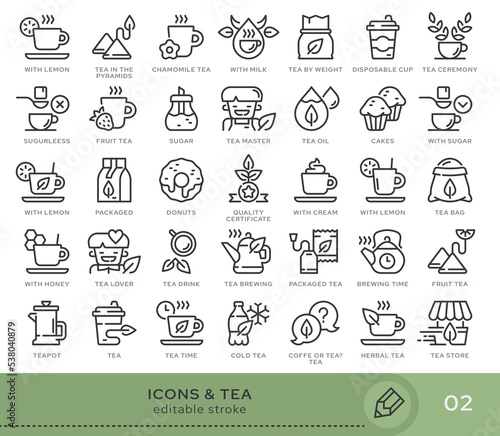 Set of conceptual icons. Vector icons in flat linear style for web sites, applications and other graphic resources. Set from the series - Tea drink. Editable stroke icon.