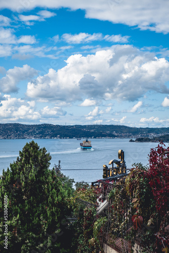 A large cargo ship is passing through the Bosphorus. a beautiful istanbul and blue sky and clouds in the back