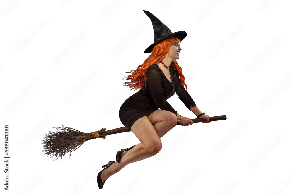 Halloween Witch flying on a broomstick Female wizard fairy character Halloween Witch flying on a broomstick Female wizard fairy character