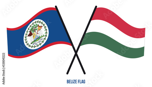 Belize and Hungary Flags Crossed And Waving Flat Style. Official Proportion. Correct Colors.