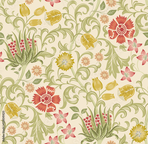 Floral seamless pattern with field of flowers on light beige background. Vector illustration.