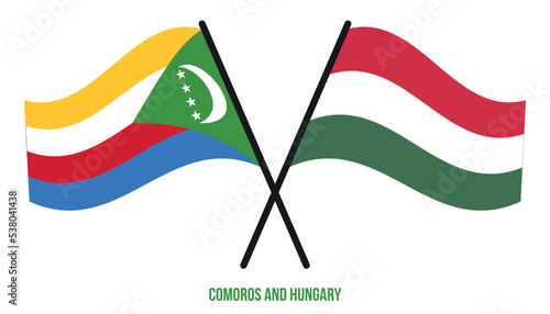 Comoros and Hungary Flags Crossed And Waving Flat Style. Official Proportion. Correct Colors.