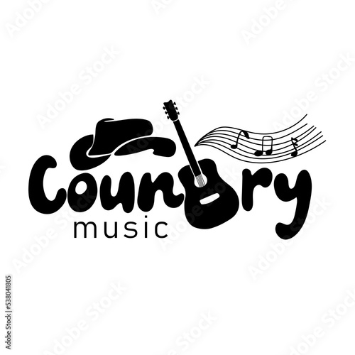 Country music poster with cowboy hat and guitar.  Vector illustration