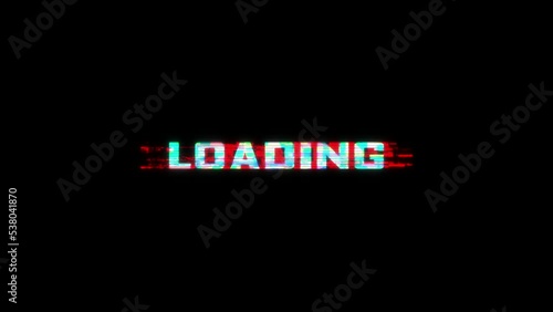 Looped LOADING animation with glitch effect isolated on black background. Glitch LOADING video game screen. Cyberpunk LOADING text with RGB distortion effect.