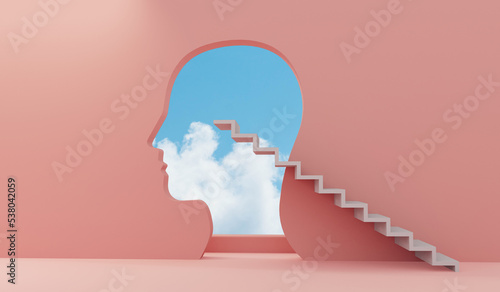 mental health and mindfulness concept. steps leading to a bright sky. 3D Rendering photo