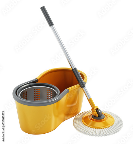 Generic spin mop with bucket on transparent background. 3D illustration photo