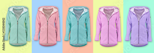 Collection of warm hoodies. Front view. Isolated image on a colored background. Nobody. 