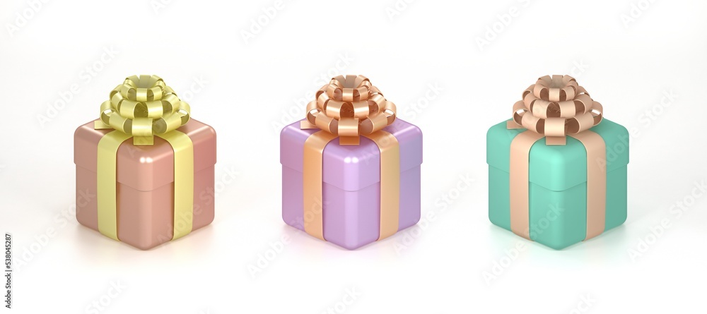 gift box 3d icon on White Background. turquoise, soft lilac different colours gift box 3d illustration on white background.