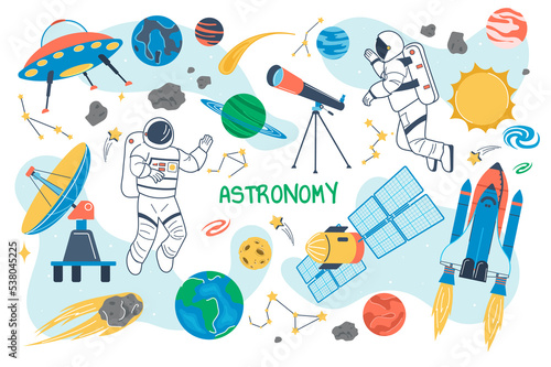 Astronomy concept isolated elements set. Bundle of astronauts fly in outer space, planets, celestial bodies of solar system, spaceship, shuttle, satellite. Illustration in flat cartoon design