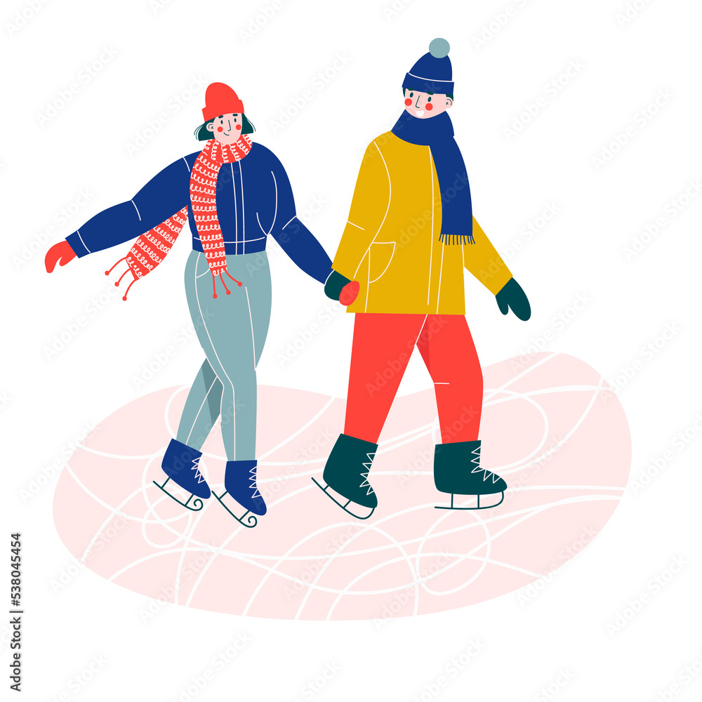 Obraz premium Young couple of woman and man ice skating together on ice rink, holding hands