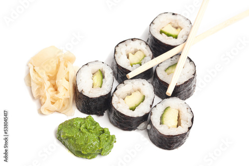 Sushi rolls cucumber japanese food isolated on white background.