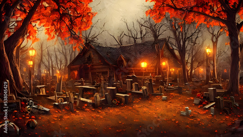 spooky halloween night - pumpkin  graveyard  ghost house - painting