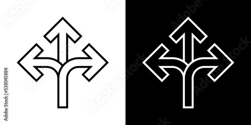 Three-way direction arrow icon vector in line concept