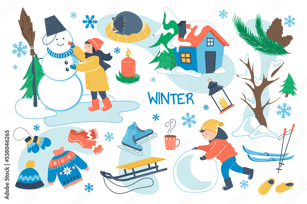 Winter concept isolated elements set. Bundle of children play outdoors, boy and girl make snowman, sledges, skates, warm clothes, cozy home, snowflakes. Illustration in flat cartoon design Winter concept isolated elements set. Bundle of children play outdoors, boy and girl make snowman, sledges, skates, warm clothes, cozy home, snowflakes. Illustration in flat cartoon design