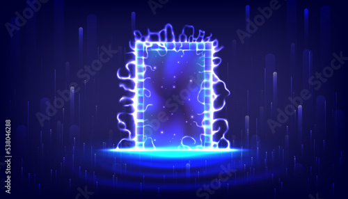 Portal to another universe with lightning. Teleport podium. Sci-fi magic gate in game fantasy. Podium for showing and display