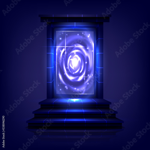 Portal to another universe with lightning. Teleport podium. Sci-fi magic gate in game fantasy. Podium for showing and display