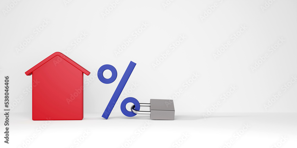 © Jirawadee - Red house model and percentage symbol icon with lock on white background. Concept for fixed interest rates for real estate, home loan, financial and mortgage rates. 3D rendering.