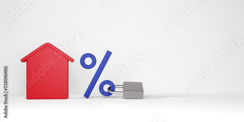 Red house model and percentage symbol icon with lock on white background. Concept for fixed interest rates for real estate, home loan, financial and mortgage rates. 3D rendering. photo